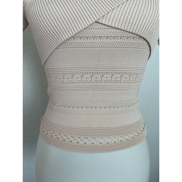 Sandro Paris Top Women Sz 1/S Shirt Ophelia Criss Cross Eyelet Stretch Knit Pink - Picture 5 of 13